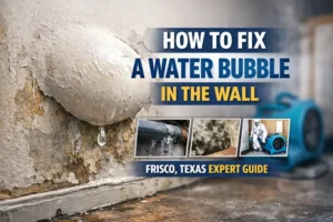 water bubble in wall with cracked paint and moisture damage in Frisco TX home Alternative Options: bubbling paint caused by hidden wall water damage swollen drywall from plumbing leak inside wall wall moisture damage showing paint blistering drywall bulging due to trapped water behind wall