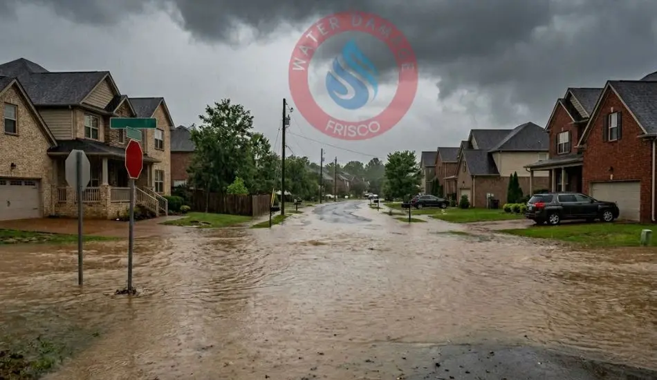 Flooded suburban street near creek corridor in Frisco TX Frisco TX flood zones