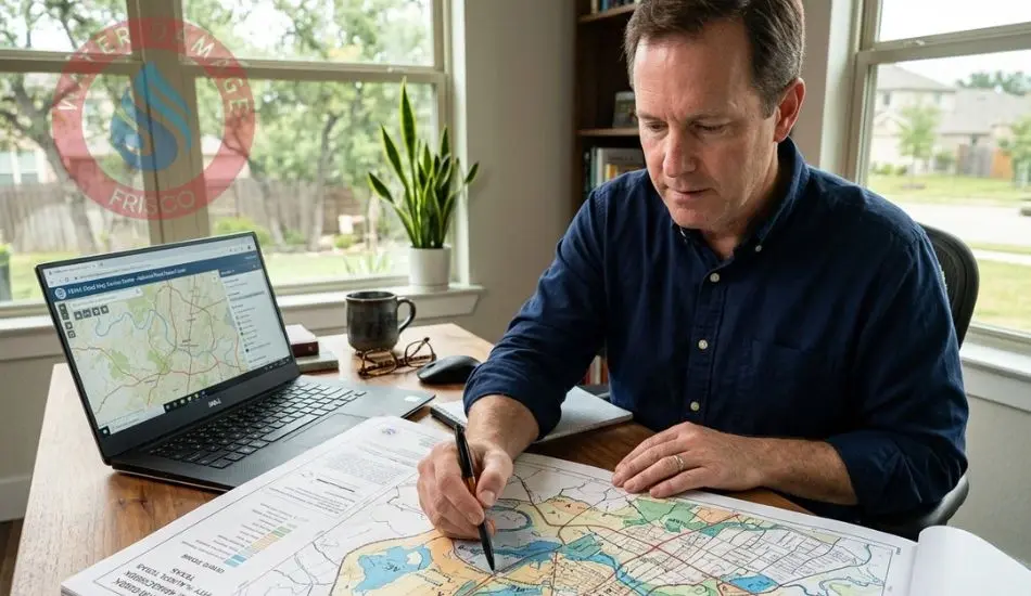 Frisco TX homeowner reviewing FEMA flood zone map Frisco TX flood zones