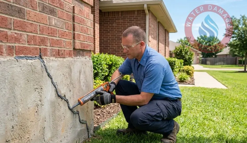 Homeowner sealing foundation crack for flood prevention Frisco TX Frisco TX flood zones