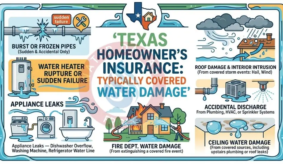 Typically COVERED by Standard Texas Homeowners Insurance Water Damage Insurance Claim Texas