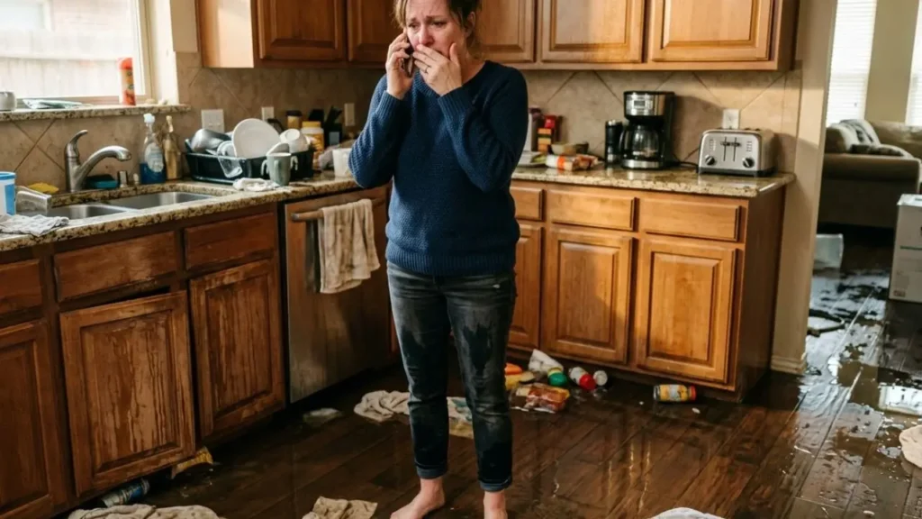 Frisco TX homeowner calling 24 hour emergency water damage restoration service immediately after flood, water damage Frisco TX 24 hours