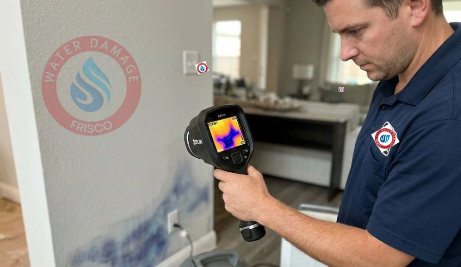 Thermal imaging camera detecting hidden moisture inside walls after burst pipe water damage Frisco TX