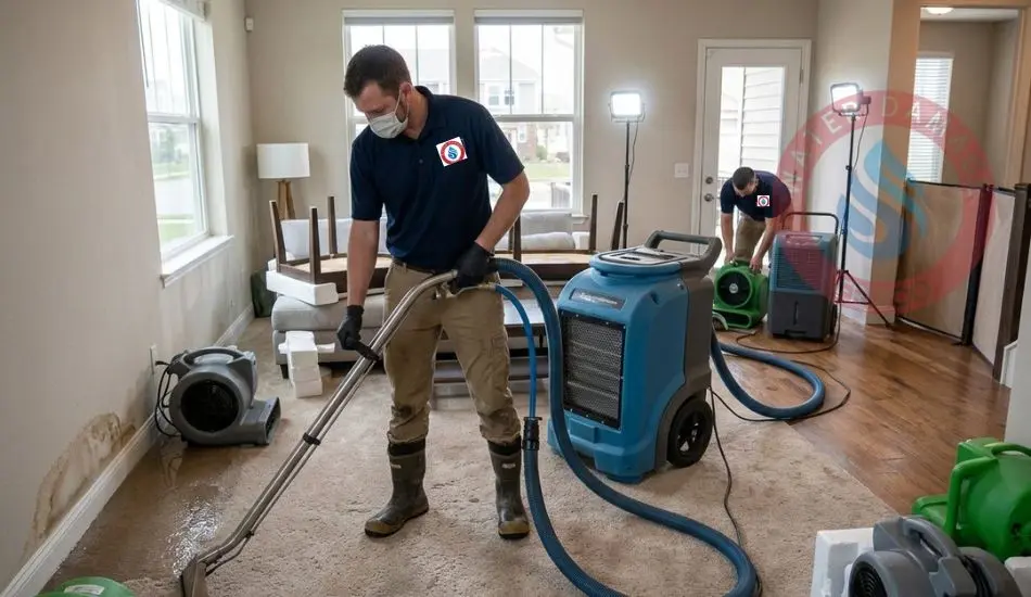 Water Damage Frisco IICRC-certified technician performing water extraction after burst pipe in Frisco TX
