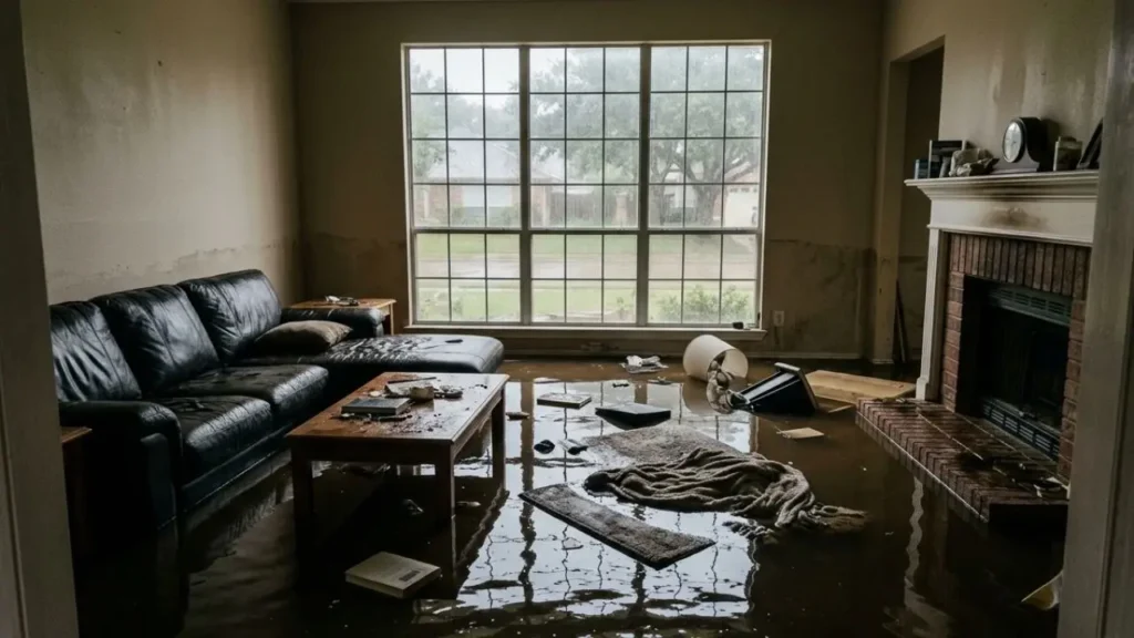 Water damage in a Frisco TX home showing flooded living room floor within 24 hours of pipe burst, water damage Frisco TX 24 hours