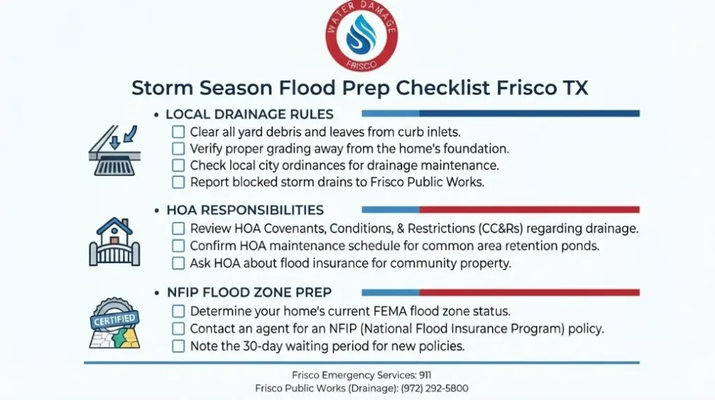 (945) 297-3238 for a storm season flood prep checklist Frisco TX
