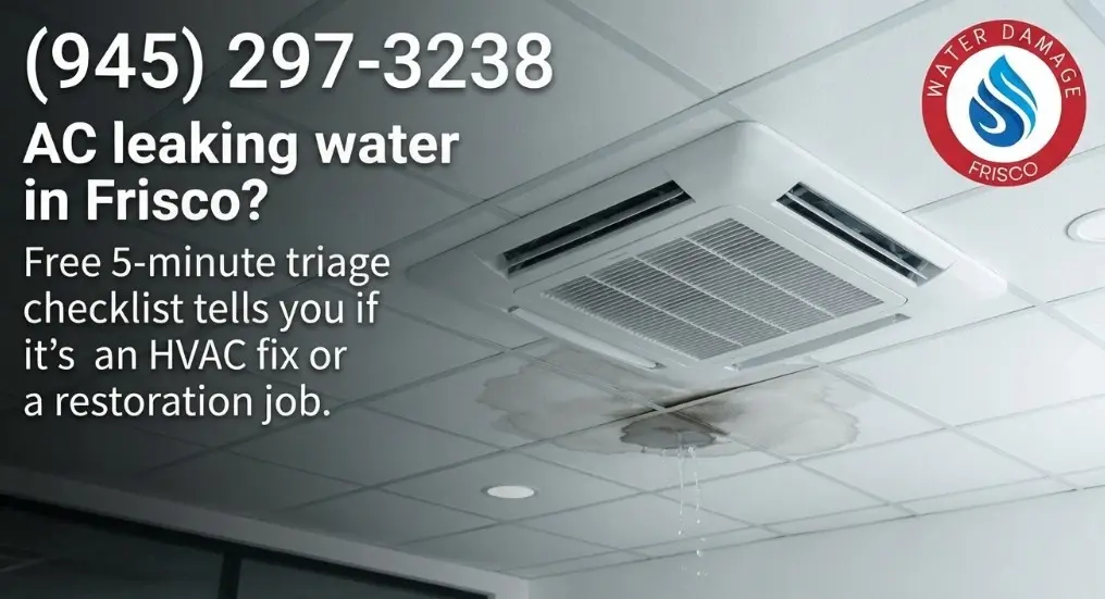 Call (945) 297-3238 for AC leaking water Frisco Tx. Free 5-minute triage checklist tells you