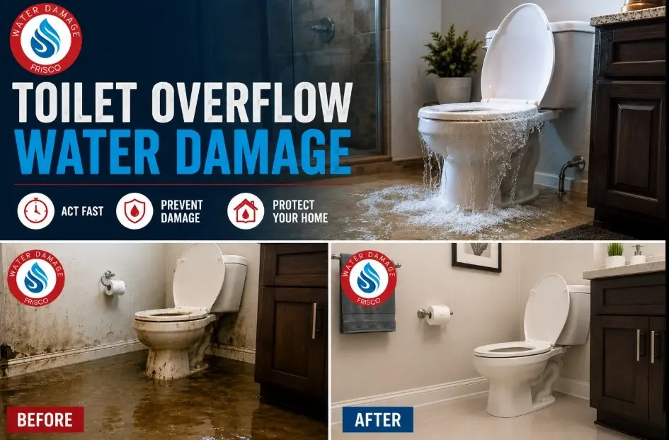 (945) 297-3238 Toilet overflow water damage in Frisco TX