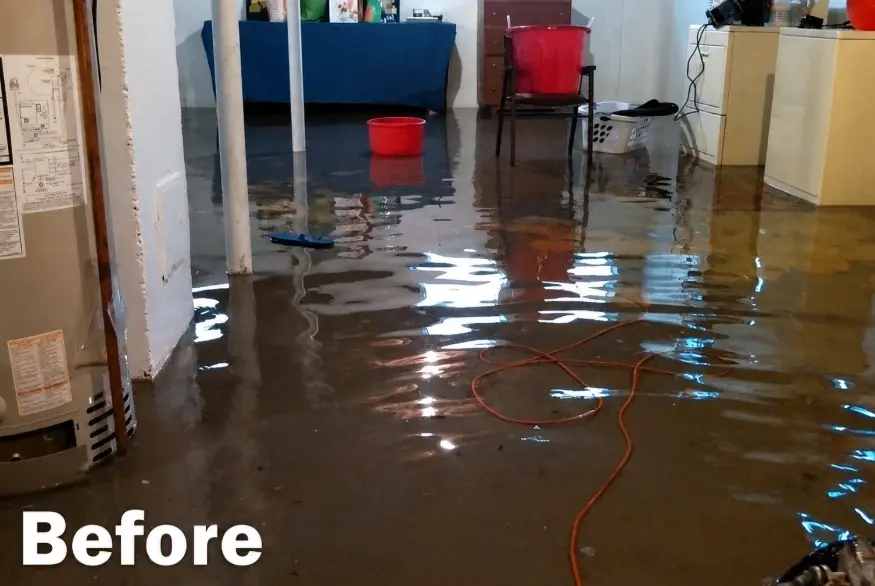 Flood damage in a basement before cleanup in Prosper TX