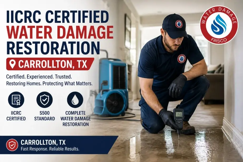 Call +1(945)297-3238 for IICRC certified water damage restoration Carrollton TX crews