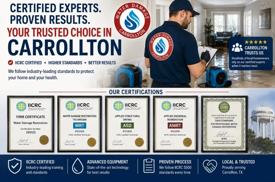 Carrollton TX crews follow S500 drying standards. Call +1(945)297-3238 to verify credentials.