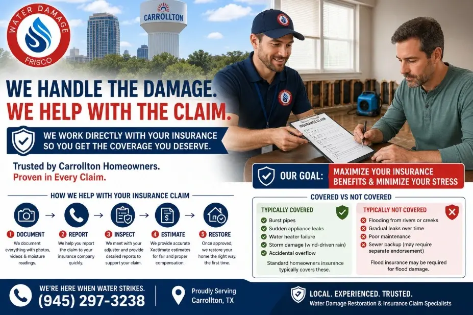 Carrollton TX guidance covers documentation and adjuster steps. Call +1(945)297-3238 for help today.
