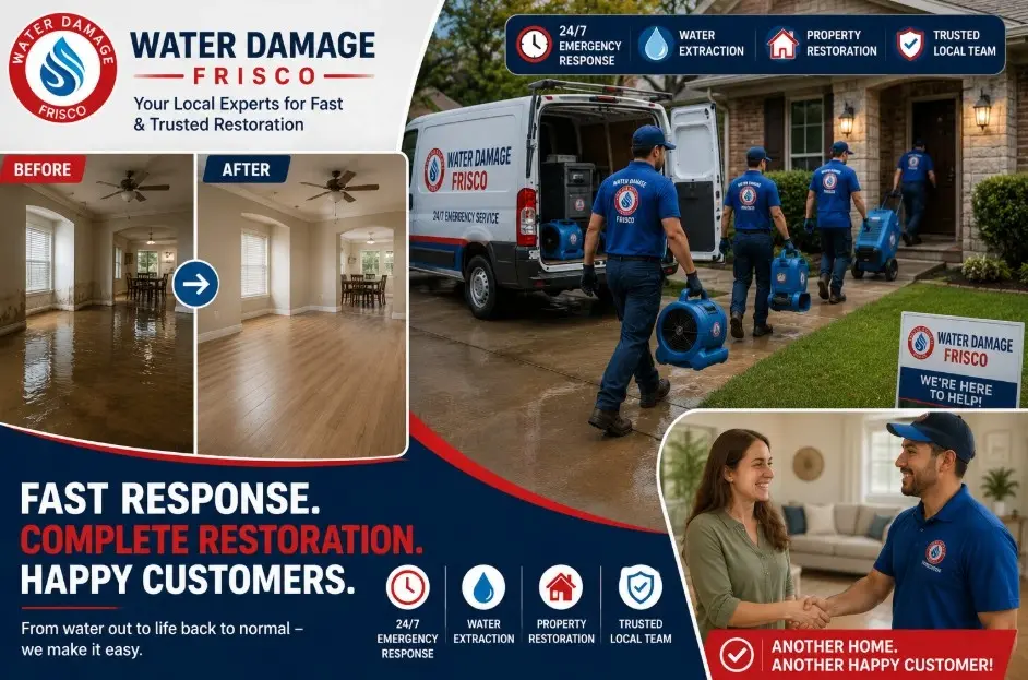Certified restoration crew from Water Damage Frisco drying out a water-damaged room with air movers and dehumidifiers