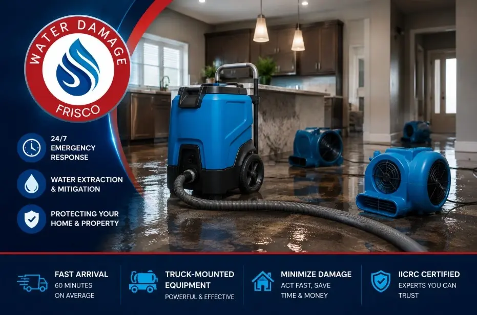 Technician using truck-mounted equipment for emergency water extraction in a Carrollton, TX home