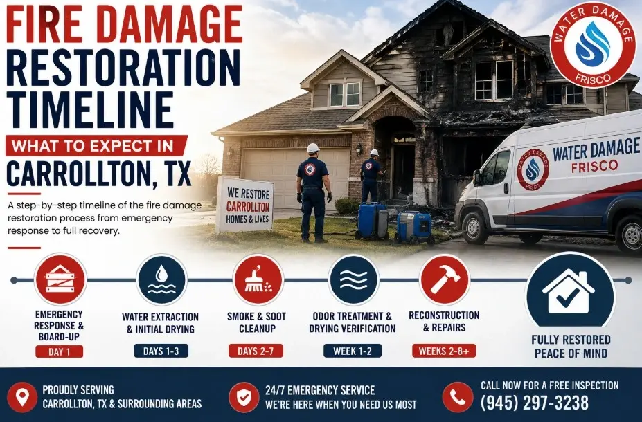 Fire damage restoration timeline phases illustrated for a Carrollton, TX home