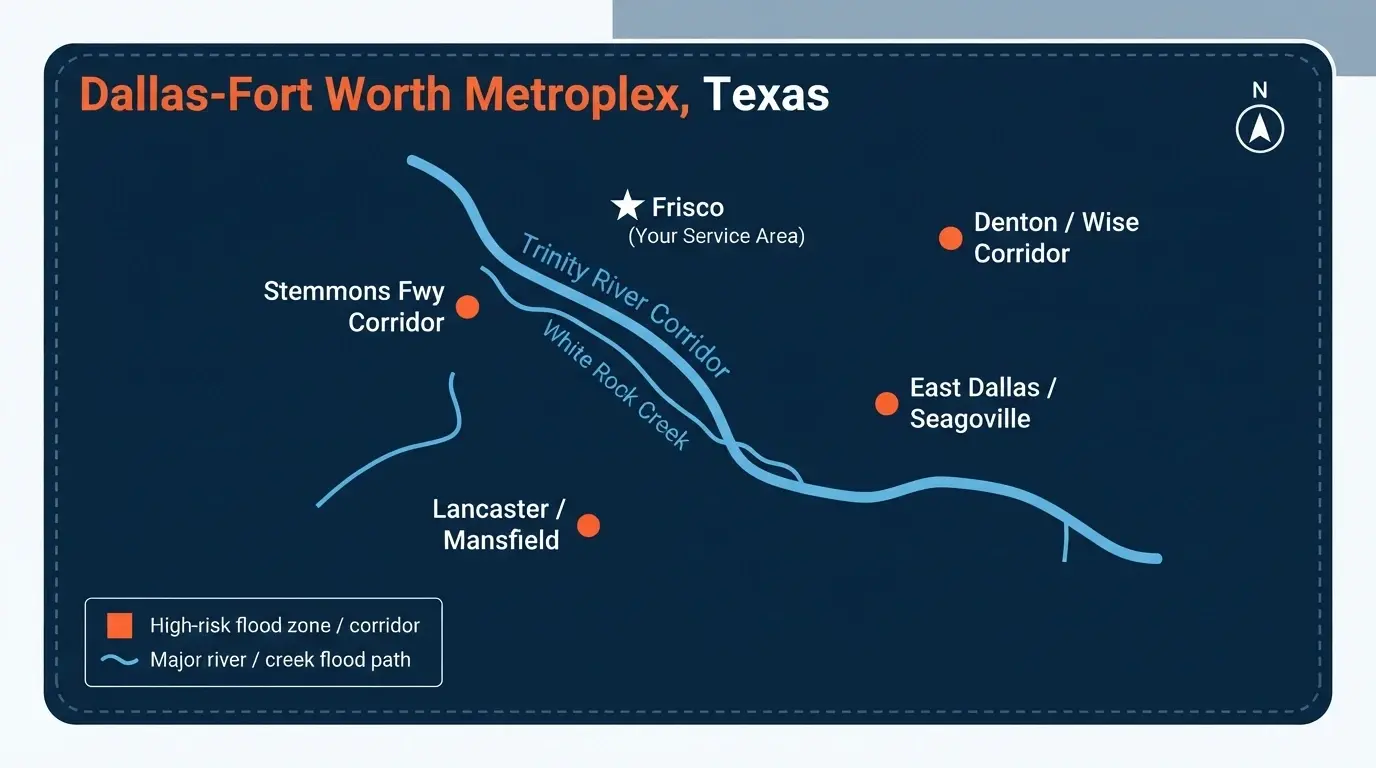 Map illustration of DFW flood-risk corridors including Trinity River, White Rock Creek, Stemmons Freeway corridor, East Dallas, Lancaster, Mansfield, and Denton-Wise County, with Frisco marked as the service area