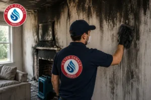 Smoke and Soot Damage Cleaning, Technician performing smoke and soot damage cleaning on a wall in a Carrollton, TX home after a fire, Carrollton TX