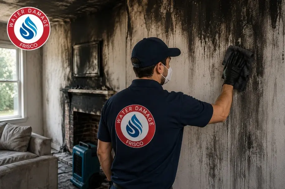 Technician performing smoke and soot damage cleaning on a wall in a Carrollton, TX home after a fire