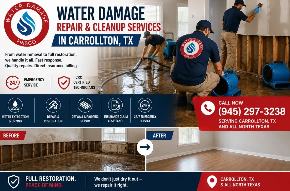 Water Damage Repair Cleanup Services Carrollton TX call (945)297-3238 today.