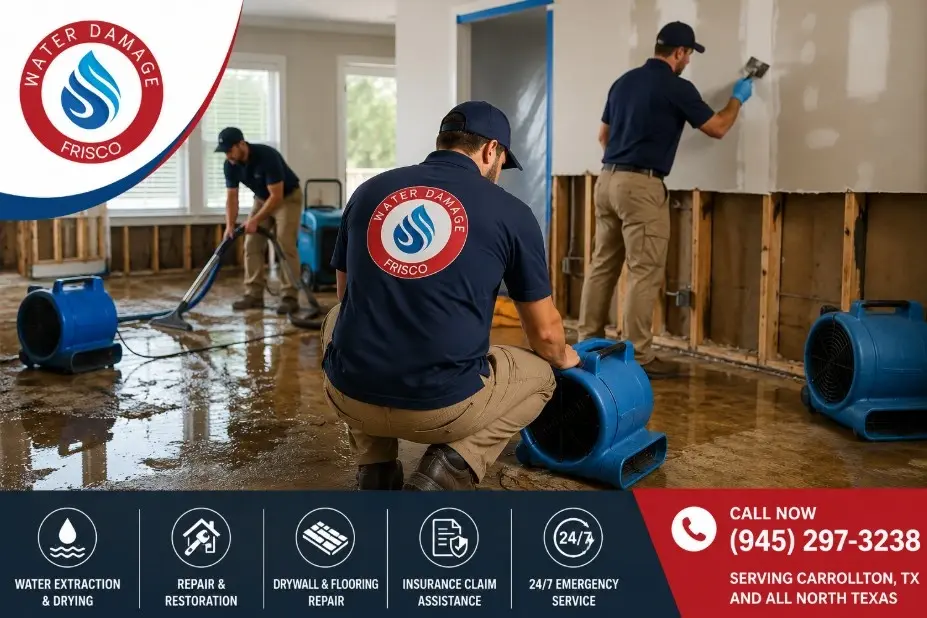 Contractor repairing drywall and flooring after water damage repair and cleanup services in a Carrollton, TX home