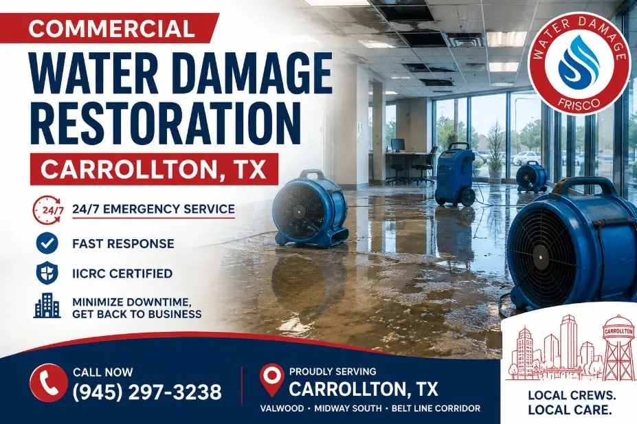 Commercial water damage restoration crew working in a Carrollton, TX office building