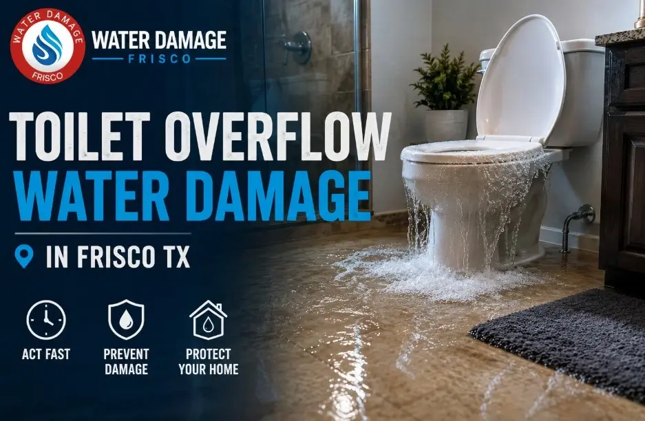 Toilet overflow water damage in a Frisco TX bathroom with water pooling on the floor