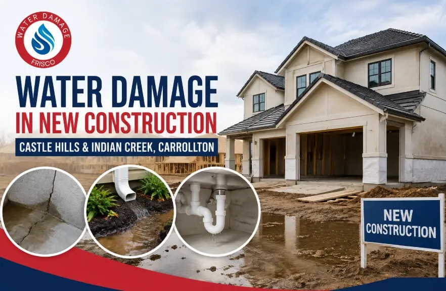 New construction home in Castle Hills, Carrollton, TX with foundation and drainage inspection markers