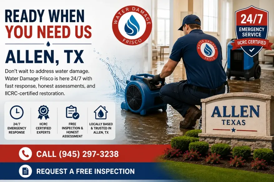 Call Water Damage Frisco anytime for a free inspection and honest assessment, 24-7, IICRC-certified, and locally based in Allen and North Texas.