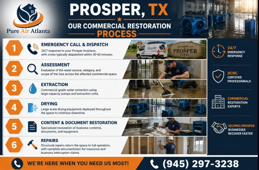 Commercial water damage restoration Prosper TX, IICRC certified, 24-7 large-loss response, business interruption support call (945) 297-3238.