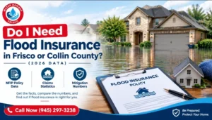 Data-Driven Flood Insurance Guide Do you actually need flood insurance in Frisco or Collin County? Instead of a generic yes, here's what the official NFIP claims, policy, and mitigation data for Collin and Dallas counties actually show — so you can make the call with numbers, not guesswork. Already flooded? Call (945) 297-3238 — 60-minute response across Frisco & DFW Do I Need Flood Insurance in Frisco or Collin County? The Short Answer If your home carries a federally backed mortgage in a FEMA high-risk flood zone, flood insurance is legally required — that part isn't optional. But the more useful question for most Frisco and Collin County homeowners is different: even where it isn't required, does the data justify carrying it anyway? Looking at the actual claims and policy numbers for Collin County next to neighboring Dallas County, the answer for most homeowners is yes — largely because so few Collin County residents currently carry any flood coverage at all, despite real, recorded flood losses in the county. Collin County vs. Dallas County: The NFIP Numbers Side by Side Flood insurance uptake and flood history look very different once you compare Collin County — where Frisco, McKinney, Plano, Allen, Prosper, and Celina sit — against neighboring Dallas County. The gap is the real story here. Metric Collin County Dallas County Active NFIP flood insurance policies 1,893 7,801 Average annual NFIP premium $803 $846 NFIP claims filed since 1978 356 3,455 Total NFIP claim payouts since 1978 $5.2M $69.2M Federal flood-related disaster declarations 7 Multiple, incl. Trinity River corridor events Estimated households carrying NFIP coverage ~0.5% (roughly 1 in 222) Higher, but still a minority of households Source: OpenFEMA NFIP Policies and Claims API, compiled August 2026. The takeaway isn't that Collin County floods more than Dallas County — it clearly doesn't, based on claim volume. The takeaway is that Collin County has a fraction of the insurance coverage Dallas County does, even though the county has still been included in seven federal flood-related disaster declarations, including a 2024 declaration covering severe storms, straight-line winds, tornadoes, and flooding. With roughly 1 in 222 Collin County households carrying an active NFIP policy, the vast majority of local flood losses are almost certainly going uninsured. Why So Few Collin County Homeowners Carry Flood Insurance Part of the answer is geography: Collin County sits north of the highest-profile Dallas flood corridors like the Trinity River and White Rock Creek, so it doesn't generate the same headline coverage. Part of it is also outdated risk perception — Collin County's FEMA flood maps were updated as recently as November 2024, shifting some properties into newly designated high-risk Special Flood Hazard Areas that weren't mapped that way before. A homeowner who checked their flood zone status years ago may be working from information that's no longer accurate. The Statewide Pattern That Makes This Personal Zoom out to Texas as a whole, and the same pattern shows up at scale. Only about 1 in 16 Texas households carries NFIP flood insurance — roughly 6% — even though Texas has more flood-prone land than any other state in the country. Nationally, FEMA estimates that around 40% of NFIP claims come from properties in low- or moderate-risk zones, not the high-risk areas where coverage is mandatory. That statistic is the one worth sitting with if your Frisco or Collin County property sits in FEMA's Zone X: "moderate or low risk" is a real reduction in odds, not a guarantee of zero risk. ~6% Texas households carrying NFIP flood insurance ~40% NFIP claims nationally from low/moderate-risk zones $779 Average annual NFIP premium in Texas 30-Day Waiting period before new NFIP coverage takes effect What Actually Determines Whether You're Required to Carry It Federally backed mortgage + high-risk zone (A or V): Flood insurance is mandatory under federal law, enforced by your lender. Federally backed mortgage + moderate/low-risk zone (X): Not legally required, but strongly worth pricing out given the statewide claims data above. No mortgage, or a private/portfolio loan: No federal requirement either way — the decision comes down entirely to your own risk tolerance and the local data. Home was recently reclassified after the 2024 Collin County map update: Check your current designation directly — a property that wasn't high-risk two years ago may be now. Check your specific address using the FEMA Flood Map Service Center, or see our Frisco TX flood zones guide for a breakdown of local zone designations and Frisco's specific creek corridors. Standard Homeowners Insurance Does Not Cover This Regardless of what the NFIP data shows for your county, a standard Texas homeowners policy excludes damage from rising floodwater. That requires a separate NFIP or private flood policy — and most policies carry a 30-day waiting period before coverage begins, so pricing this out before storm season matters more than doing it during one. NFIP vs. Private Flood Insurance The National Flood Insurance Program caps building coverage at $250,000 and contents coverage at $100,000 — often not enough for a larger or higher-value Frisco or Collin County home. Private flood insurers have expanded their footprint in Texas in recent years, frequently offering higher coverage limits and, in some cases, more competitive pricing than NFIP for lower-risk properties. Comparing both is worth the extra phone call, especially for homes where the NFIP caps wouldn't come close to covering a full rebuild. What This Means If You're Weighing the Decision Numbers aside, the practical question is simple: could your household absorb a five- or six-figure flood loss without insurance? FEMA estimates one inch of standing floodwater alone can cause roughly $25,000 in damage — and that's before accounting for contents, mold remediation, or the weeks a home can be unlivable during restoration. Against an average Texas NFIP premium under $800 a year, that math is straightforward for most Collin County homeowners, whether or not a lender requires it. Official Resources for Checking Your Flood Insurance Requirements Texas Department of Insurance — guidance on flood coverage requirements and shopping for a policy in Texas. Texas Water Development Board — National Flood Insurance Program in Texas — how NFIP works and how premiums are calculated under Risk Rating 2.0. FEMA Flood Map Service Center — look up your property's current flood zone designation. FEMA FloodSmart — find an NFIP agent and get a policy quote. Texas Division of Emergency Management (TDEM) — statewide flood risk and disaster declaration updates. Flooding Already Happened? We Handle the Insurance Side Too Water Damage Frisco provides 24/7 emergency water extraction and flood damage restoration across Frisco, McKinney, Prosper, Carrollton, Plano, Allen, Celina, and the rest of Collin County — and we document everything for your insurance claim from the first call. Get Emergency Help Now Frequently Asked Questions Do I need flood insurance if I live in Frisco but I'm not in a mapped flood zone? It's not legally required outside a high-risk zone, but the data makes a strong case for it anyway. Roughly 40% of NFIP claims nationally come from low- or moderate-risk zones, and only about 6% of Texas households carry flood coverage at all. Being outside a mapped zone reduces your statistical risk, it doesn't eliminate it. How many Collin County homes actually have flood insurance? Based on OpenFEMA policy data, Collin County has roughly 1,893 active NFIP policies, which works out to about 1 in 222 households, or roughly 0.5% coverage. That's a small fraction of the county's housing stock, despite Collin County having been included in seven federal flood-related disaster declarations. Why did my Frisco flood zone status change recently? FEMA updated Collin County's flood maps in November 2024, which shifted some properties into newly designated Special Flood Hazard Areas that weren't classified that way before. If your lender recently notified you of a new flood insurance requirement, this map update is the likely reason. Check your current designation on the FEMA Flood Map Service Center. What's the difference between NFIP and private flood insurance? NFIP policies are federally backed and cap coverage at $250,000 for the building and $100,000 for contents. Private flood insurers, increasingly active in Texas, often offer higher coverage limits and sometimes more competitive pricing, particularly for homes in lower-risk zones. Comparing both is worth doing before choosing a policy. How much does flood insurance cost in Collin County? The average active NFIP policy in Collin County carries an annual premium of roughly $803, close to the statewide Texas average of $779. Actual pricing depends on your specific flood zone, elevation relative to the Base Flood Elevation, and coverage amount under FEMA's Risk Rating 2.0 methodology. Related Reading Frisco TX Flood Zones Map & Risk Guide Hurricane Flood Insurance: What It Covers and What It Doesn't How to Protect Your Home in a Flood-Prone Area Flood-Prone Areas in North Texas & Dallas Why North Texas Floods So Fast Water Damage Insurance Claims Guide for Texas Homeowners Serving Frisco, McKinney, Plano, Prosper, Celina, Carrollton, and all of Collin County — call (945) 297-3238 for 24/7 emergency flood response.