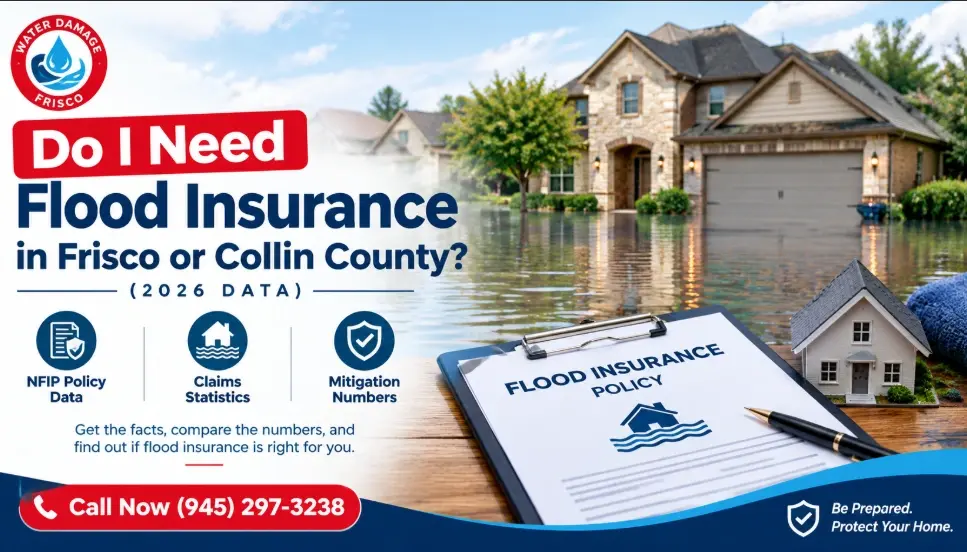 Data-Driven Flood Insurance Guide Do you actually need flood insurance in Frisco or Collin County? Instead of a generic yes, here's what the official NFIP claims, policy, and mitigation data for Collin and Dallas counties actually show — so you can make the call with numbers, not guesswork. Already flooded? Call (945) 297-3238 — 60-minute response across Frisco & DFW Do I Need Flood Insurance in Frisco or Collin County? The Short Answer If your home carries a federally backed mortgage in a FEMA high-risk flood zone, flood insurance is legally required — that part isn't optional. But the more useful question for most Frisco and Collin County homeowners is different: even where it isn't required, does the data justify carrying it anyway? Looking at the actual claims and policy numbers for Collin County next to neighboring Dallas County, the answer for most homeowners is yes — largely because so few Collin County residents currently carry any flood coverage at all, despite real, recorded flood losses in the county. Collin County vs. Dallas County: The NFIP Numbers Side by Side Flood insurance uptake and flood history look very different once you compare Collin County — where Frisco, McKinney, Plano, Allen, Prosper, and Celina sit — against neighboring Dallas County. The gap is the real story here. Metric Collin County Dallas County Active NFIP flood insurance policies 1,893 7,801 Average annual NFIP premium $803 $846 NFIP claims filed since 1978 356 3,455 Total NFIP claim payouts since 1978 $5.2M $69.2M Federal flood-related disaster declarations 7 Multiple, incl. Trinity River corridor events Estimated households carrying NFIP coverage ~0.5% (roughly 1 in 222) Higher, but still a minority of households Source: OpenFEMA NFIP Policies and Claims API, compiled August 2026. The takeaway isn't that Collin County floods more than Dallas County — it clearly doesn't, based on claim volume. The takeaway is that Collin County has a fraction of the insurance coverage Dallas County does, even though the county has still been included in seven federal flood-related disaster declarations, including a 2024 declaration covering severe storms, straight-line winds, tornadoes, and flooding. With roughly 1 in 222 Collin County households carrying an active NFIP policy, the vast majority of local flood losses are almost certainly going uninsured. Why So Few Collin County Homeowners Carry Flood Insurance Part of the answer is geography: Collin County sits north of the highest-profile Dallas flood corridors like the Trinity River and White Rock Creek, so it doesn't generate the same headline coverage. Part of it is also outdated risk perception — Collin County's FEMA flood maps were updated as recently as November 2024, shifting some properties into newly designated high-risk Special Flood Hazard Areas that weren't mapped that way before. A homeowner who checked their flood zone status years ago may be working from information that's no longer accurate. The Statewide Pattern That Makes This Personal Zoom out to Texas as a whole, and the same pattern shows up at scale. Only about 1 in 16 Texas households carries NFIP flood insurance — roughly 6% — even though Texas has more flood-prone land than any other state in the country. Nationally, FEMA estimates that around 40% of NFIP claims come from properties in low- or moderate-risk zones, not the high-risk areas where coverage is mandatory. That statistic is the one worth sitting with if your Frisco or Collin County property sits in FEMA's Zone X: "moderate or low risk" is a real reduction in odds, not a guarantee of zero risk. ~6% Texas households carrying NFIP flood insurance ~40% NFIP claims nationally from low/moderate-risk zones $779 Average annual NFIP premium in Texas 30-Day Waiting period before new NFIP coverage takes effect What Actually Determines Whether You're Required to Carry It Federally backed mortgage + high-risk zone (A or V): Flood insurance is mandatory under federal law, enforced by your lender. Federally backed mortgage + moderate/low-risk zone (X): Not legally required, but strongly worth pricing out given the statewide claims data above. No mortgage, or a private/portfolio loan: No federal requirement either way — the decision comes down entirely to your own risk tolerance and the local data. Home was recently reclassified after the 2024 Collin County map update: Check your current designation directly — a property that wasn't high-risk two years ago may be now. Check your specific address using the FEMA Flood Map Service Center, or see our Frisco TX flood zones guide for a breakdown of local zone designations and Frisco's specific creek corridors. Standard Homeowners Insurance Does Not Cover This Regardless of what the NFIP data shows for your county, a standard Texas homeowners policy excludes damage from rising floodwater. That requires a separate NFIP or private flood policy — and most policies carry a 30-day waiting period before coverage begins, so pricing this out before storm season matters more than doing it during one. NFIP vs. Private Flood Insurance The National Flood Insurance Program caps building coverage at $250,000 and contents coverage at $100,000 — often not enough for a larger or higher-value Frisco or Collin County home. Private flood insurers have expanded their footprint in Texas in recent years, frequently offering higher coverage limits and, in some cases, more competitive pricing than NFIP for lower-risk properties. Comparing both is worth the extra phone call, especially for homes where the NFIP caps wouldn't come close to covering a full rebuild. What This Means If You're Weighing the Decision Numbers aside, the practical question is simple: could your household absorb a five- or six-figure flood loss without insurance? FEMA estimates one inch of standing floodwater alone can cause roughly $25,000 in damage — and that's before accounting for contents, mold remediation, or the weeks a home can be unlivable during restoration. Against an average Texas NFIP premium under $800 a year, that math is straightforward for most Collin County homeowners, whether or not a lender requires it. Official Resources for Checking Your Flood Insurance Requirements Texas Department of Insurance — guidance on flood coverage requirements and shopping for a policy in Texas. Texas Water Development Board — National Flood Insurance Program in Texas — how NFIP works and how premiums are calculated under Risk Rating 2.0. FEMA Flood Map Service Center — look up your property's current flood zone designation. FEMA FloodSmart — find an NFIP agent and get a policy quote. Texas Division of Emergency Management (TDEM) — statewide flood risk and disaster declaration updates. Flooding Already Happened? We Handle the Insurance Side Too Water Damage Frisco provides 24/7 emergency water extraction and flood damage restoration across Frisco, McKinney, Prosper, Carrollton, Plano, Allen, Celina, and the rest of Collin County — and we document everything for your insurance claim from the first call. Get Emergency Help Now Frequently Asked Questions Do I need flood insurance if I live in Frisco but I'm not in a mapped flood zone? It's not legally required outside a high-risk zone, but the data makes a strong case for it anyway. Roughly 40% of NFIP claims nationally come from low- or moderate-risk zones, and only about 6% of Texas households carry flood coverage at all. Being outside a mapped zone reduces your statistical risk, it doesn't eliminate it. How many Collin County homes actually have flood insurance? Based on OpenFEMA policy data, Collin County has roughly 1,893 active NFIP policies, which works out to about 1 in 222 households, or roughly 0.5% coverage. That's a small fraction of the county's housing stock, despite Collin County having been included in seven federal flood-related disaster declarations. Why did my Frisco flood zone status change recently? FEMA updated Collin County's flood maps in November 2024, which shifted some properties into newly designated Special Flood Hazard Areas that weren't classified that way before. If your lender recently notified you of a new flood insurance requirement, this map update is the likely reason. Check your current designation on the FEMA Flood Map Service Center. What's the difference between NFIP and private flood insurance? NFIP policies are federally backed and cap coverage at $250,000 for the building and $100,000 for contents. Private flood insurers, increasingly active in Texas, often offer higher coverage limits and sometimes more competitive pricing, particularly for homes in lower-risk zones. Comparing both is worth doing before choosing a policy. How much does flood insurance cost in Collin County? The average active NFIP policy in Collin County carries an annual premium of roughly $803, close to the statewide Texas average of $779. Actual pricing depends on your specific flood zone, elevation relative to the Base Flood Elevation, and coverage amount under FEMA's Risk Rating 2.0 methodology. Related Reading Frisco TX Flood Zones Map & Risk Guide Hurricane Flood Insurance: What It Covers and What It Doesn't How to Protect Your Home in a Flood-Prone Area Flood-Prone Areas in North Texas & Dallas Why North Texas Floods So Fast Water Damage Insurance Claims Guide for Texas Homeowners Serving Frisco, McKinney, Plano, Prosper, Celina, Carrollton, and all of Collin County — call (945) 297-3238 for 24/7 emergency flood response.