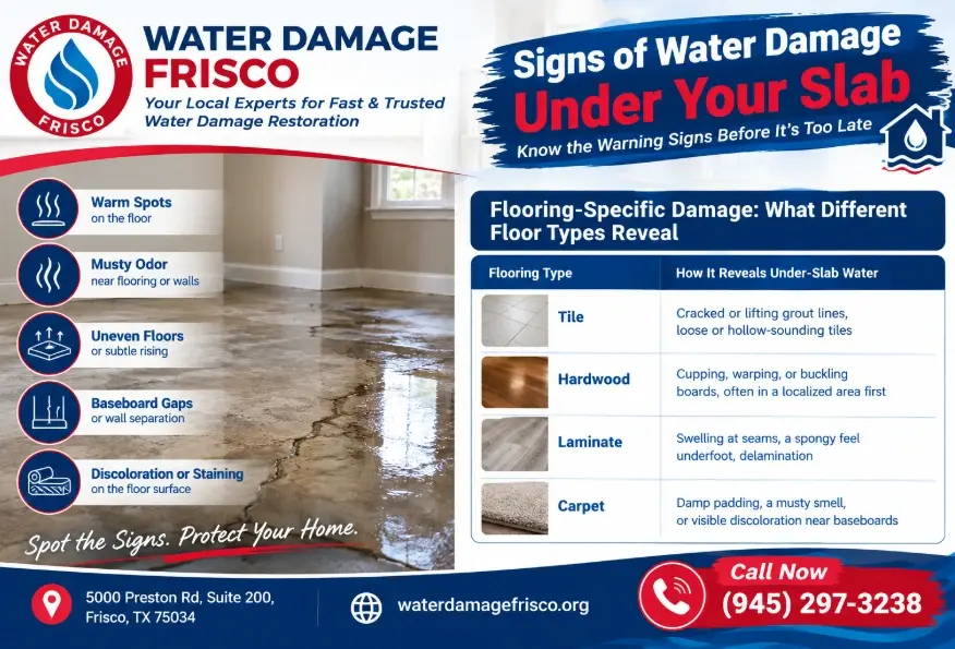 Flooring-Specific Damage, slab leak water
damage, concrete moisture wicking, foundation water damage Carrollton, warped flooring slab
leak, water under concrete slab Texas.
