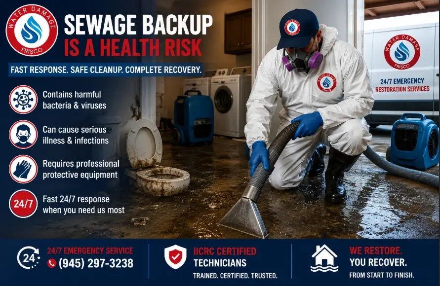 Sewage backup cleanup technician in protective gear responding to contamination in a Carrollton, TX home