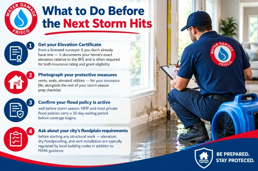 What to Do Before the Next Storm Hits, Homeowner installing a flood vent on a house foundation in a flood-prone North Texas neighborhood