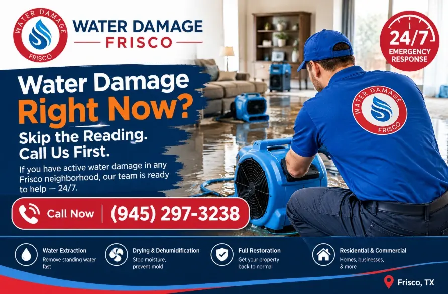 If you have active water damage in any Frisco neighborhood, call us first. Come back to this guide later. Call (945) 297-3238