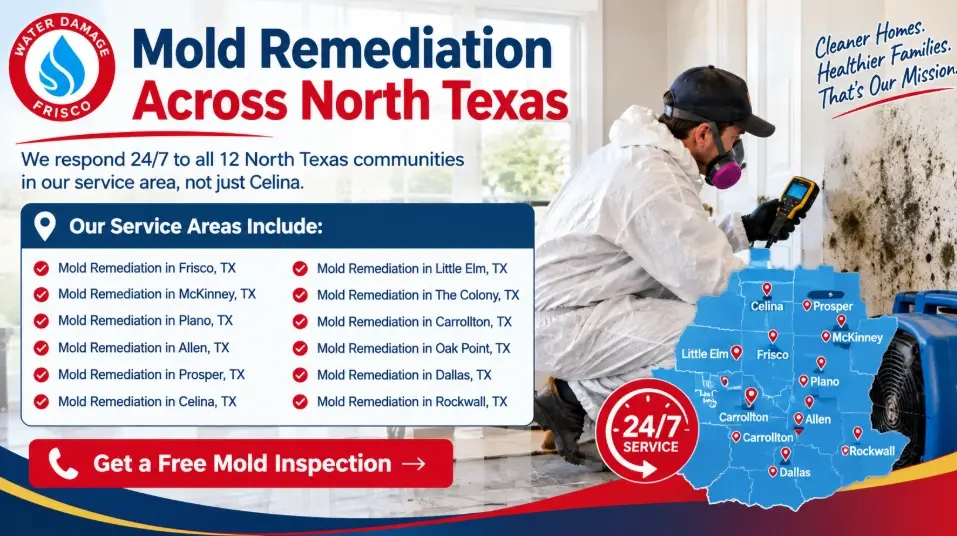 Our IICRC-certified team handles inspection, containment, and full remediation with post-job clearance testing, 24/7 across Celina and the surrounding North Texas area.