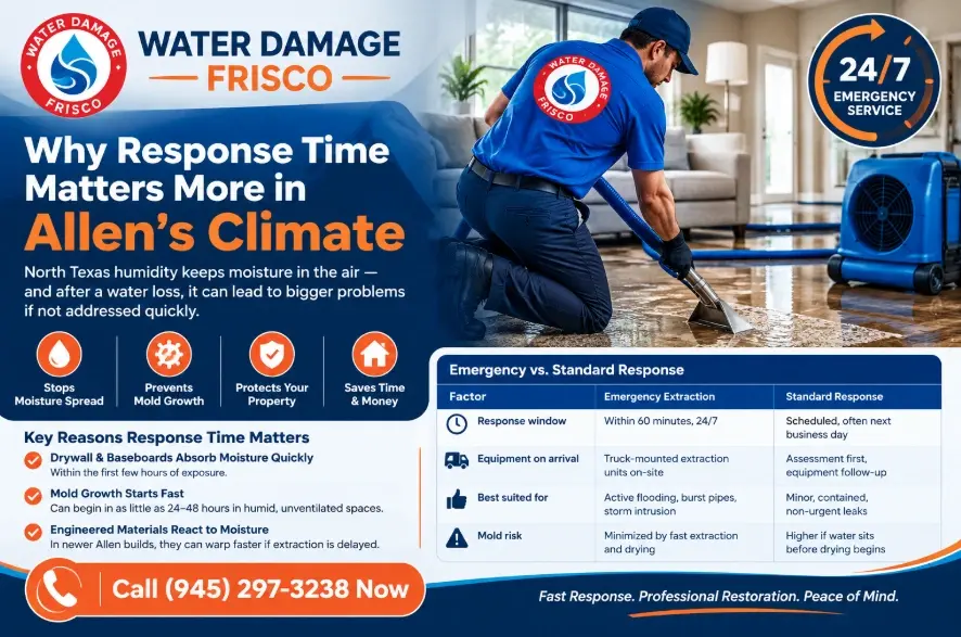 Our emergency water extraction service in Allen, TX is built around a guaranteed 60-minute response window rather than a same-day or next-available appointment 