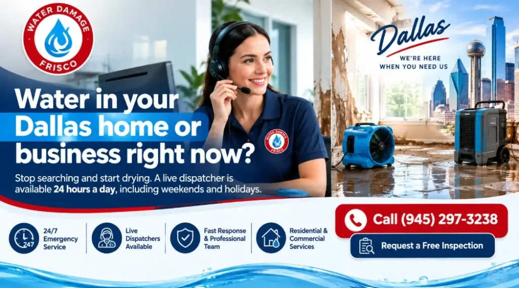 Talk to a Dallas water damage specialist today Available 24/7 for water, fire, mold, and storm damage. Call now or request a free inspection online.