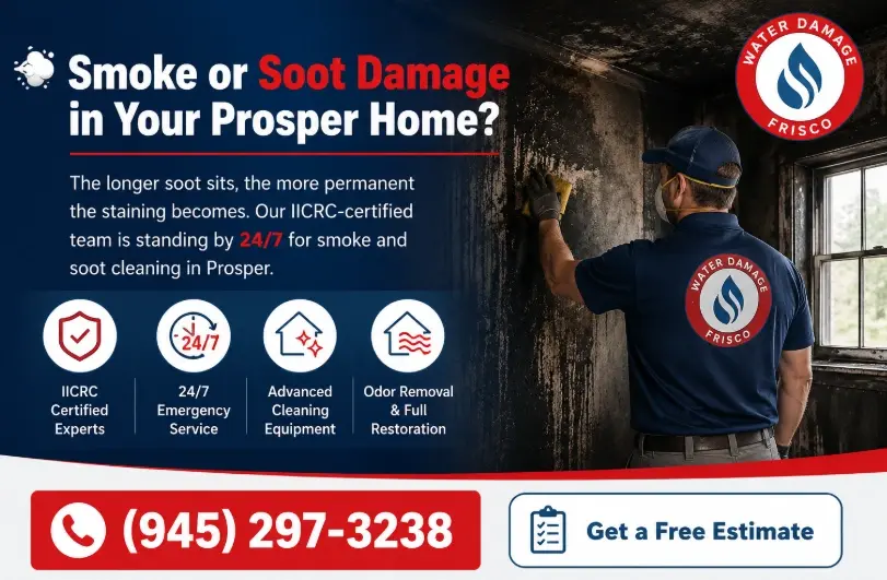 The longer soot sits, the more permanent the staining becomes. Our IICRC-certified team is standing by 24/7 for smoke and soot cleaning in Prosper.