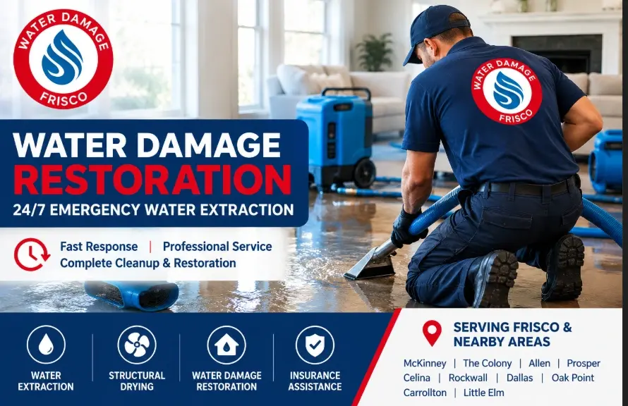 Water Damage Frisco provides 24/7 emergency water extraction, structural drying, and flood damage restoration across Frisco, McKinney, Prosper, Carrollton, Plano, Allen, Celina, and the rest of North Texas.
