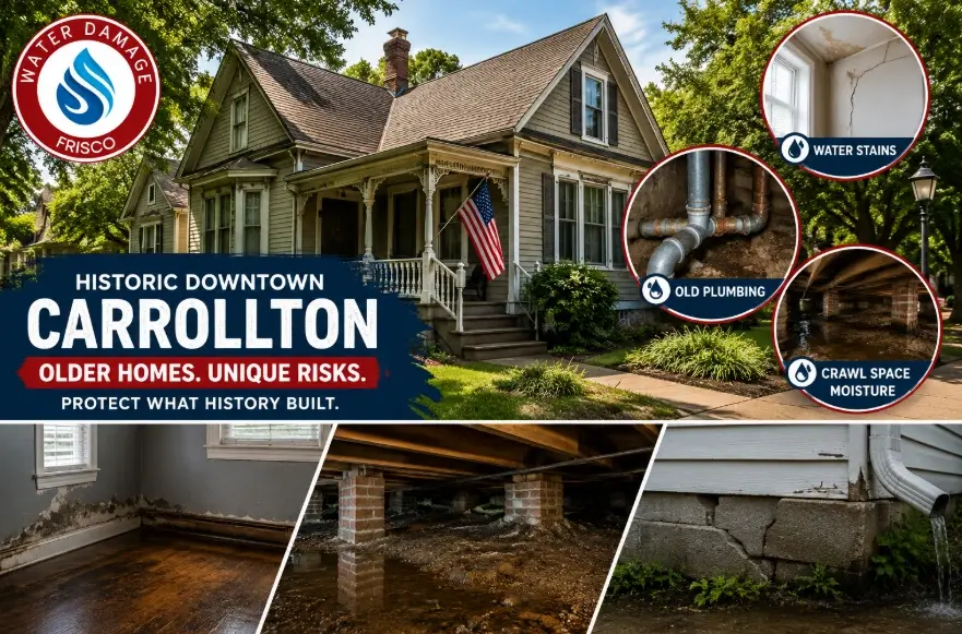 Historic Downtown Carrollton older home with pier-and-beam foundation showing water damage risk areas