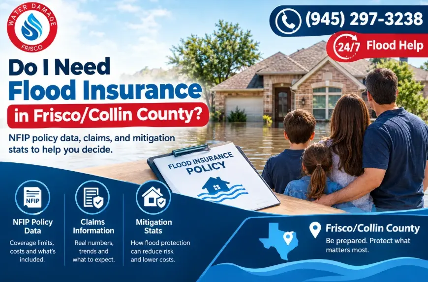 Water Damage Frisco provides 24/7 emergency water extraction and flood damage restoration across Frisco, McKinney, Prosper, Carrollton, Plano, Allen, Celina, and the rest of Collin County — and we document everything for your insurance claim from the first call.