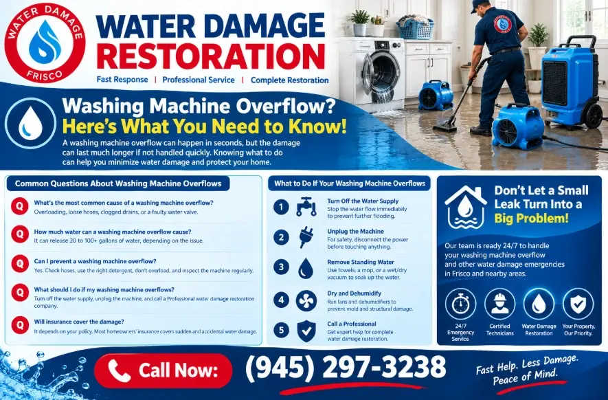 Washing Machine Overflowed What to Do call a professional. Frisco homeowners can reach our team 24/7 at (945) 297-3238.
